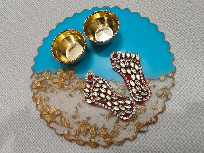 Resin Art Platter with Laksmi Foot and Roli Chwal Bowl for Good Luck and Prosperity (Pack of 2) (Blue, Square) (Blue, Circle)