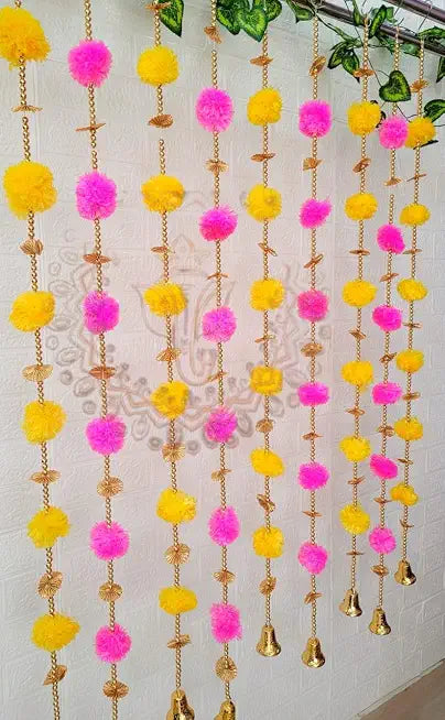 Pom Pom & Gota Chakri with Bell Hanging | Pom Pom with Bell Hanging for Home Decoration | Walls & Door Sides Hangings | Hanging Torans Strings (Pack of (6, Pink & Yellow)