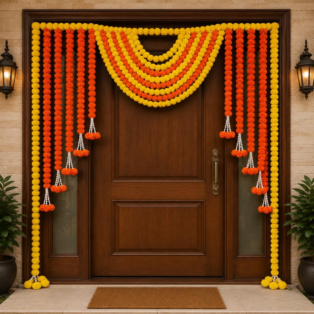 Sellplus Marigold Flower Door Toran Bandhanwar Backdrop Hanging with Layered Garland Design for Festive Decoration (BDHW535)