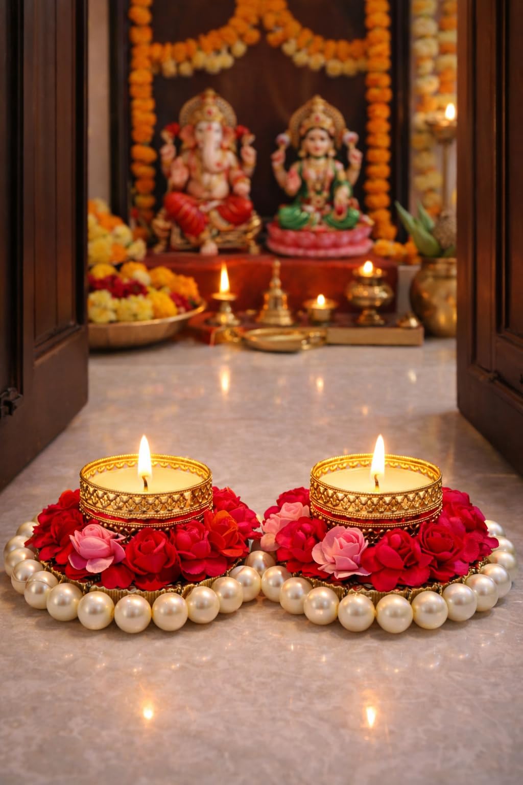 Sellplus Decorative Candle Holder Handcrafted Floral Pearl Lace Tealight Candle Holder Decorative Diya Stand for Diwali Festival Pooja Home Table Centerpiece Decoration(Tealight-39)