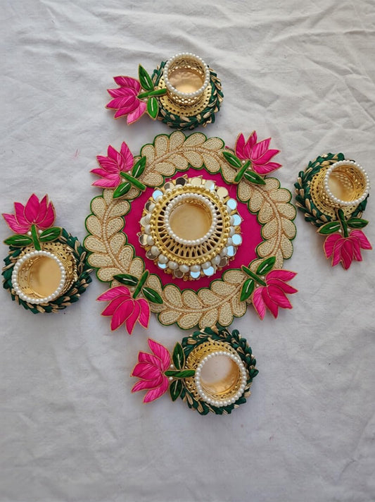 SellPlus Decorative Handmade Multicolour Lotus Leaf Patch Rangoli Tlight | Rangoli Tlight for Decoration | Diwali Diya Set (Rang104)