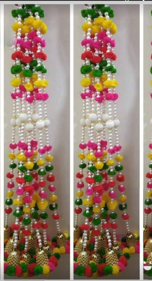 Nutts Handmade Multicolor Pom Pom Pearl Bead Door Hanging | Pack of 4 Decorative Main Door Hanging for Home Entrance Pooja Room Wall Decor Festival Decoration (PMPMT144)