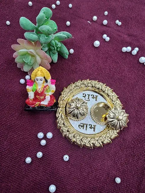 (Combo Of 1 Tilak Plater & Laxmi Ji) Traditional Pooja Thali, Diwali Decoration Sindoor Dibbi For Rakhi Rakshabandhan, Tilak With Kumkum,Haldi Holder Uniqe Decorative Plater