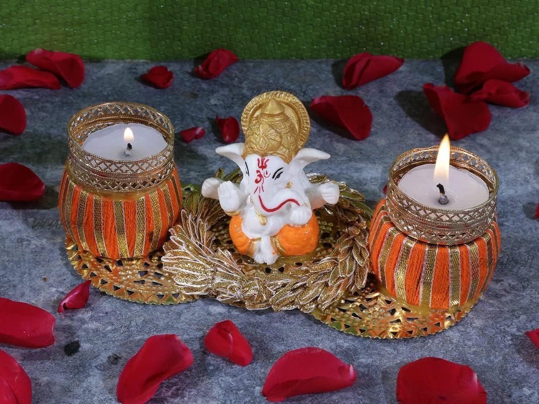 Sellplus Handcrafted Lord Ganesha Double Tealight Holder Decorative Candle Stand for Home Temple Diwali Festival Pooja Decoration Centerpiece Gift Orange Golden (Tealight-363)