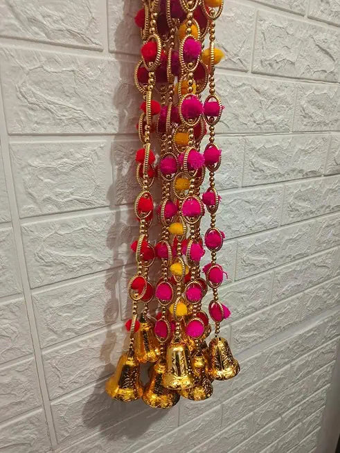 Nutts Handmade Decorative Bell Toran | Traditional Multicolour Pom-Pom Toran for Home Decor | Hanging for Decortion (PMPMT117)