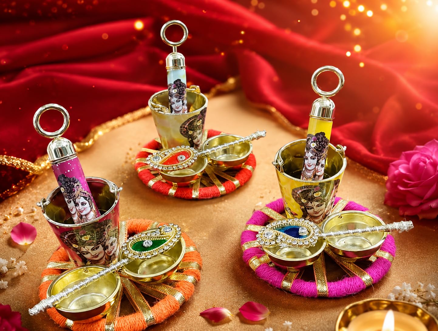 Sellplus Handmade Decorative Mini Bucket Holi Plater for Festival Decoration | Traditional Pooja Ritual and Home Temple Decoration Pack of 3 (HOLIP-22)