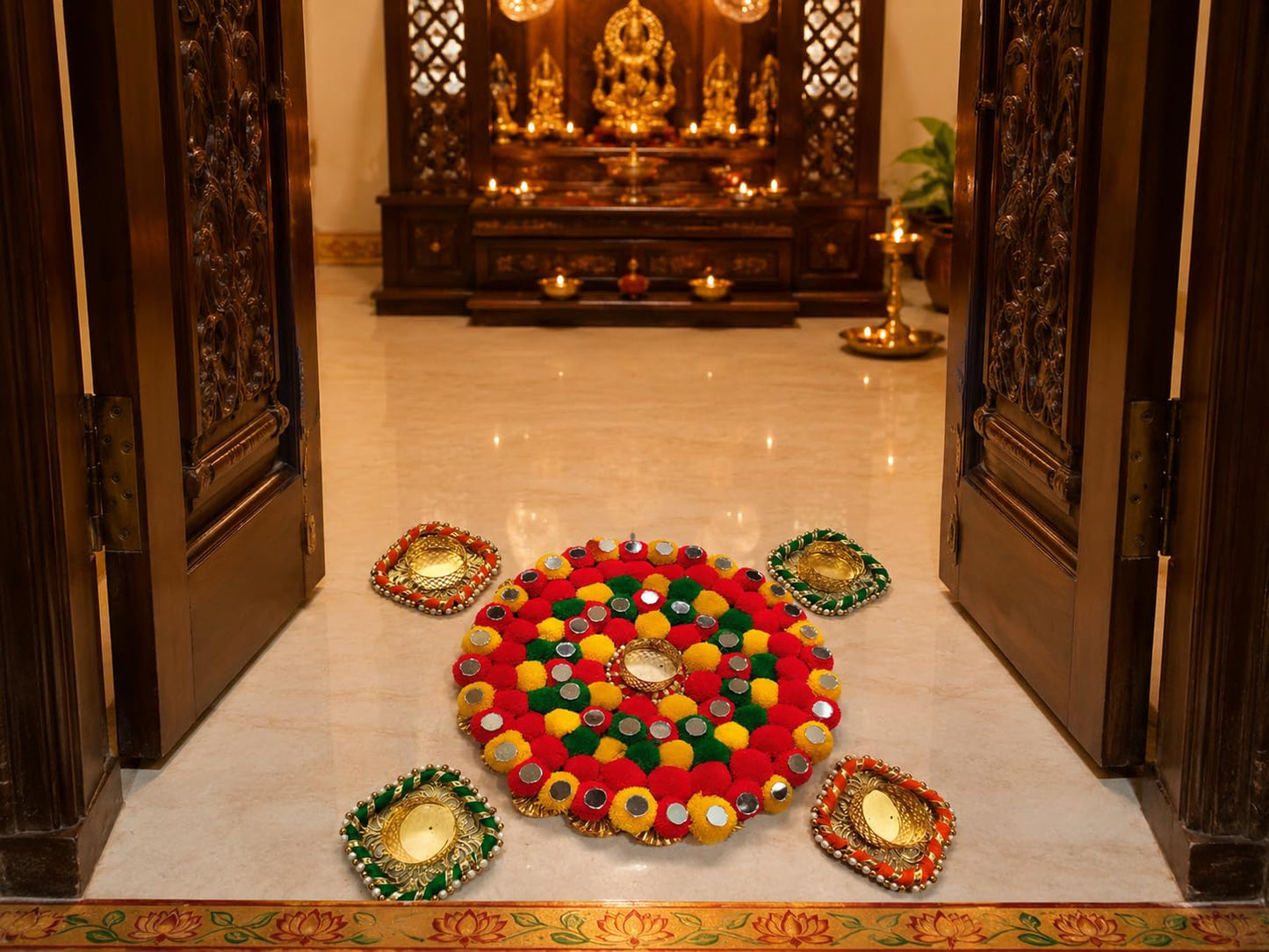 Sellplus Traditional Rangoli Tealight Set Decorative Festival Floor Decor for Diwali Navratri Pooja Wedding Home Entrance Reusable Elegant Design Set of 1 (Rang152)