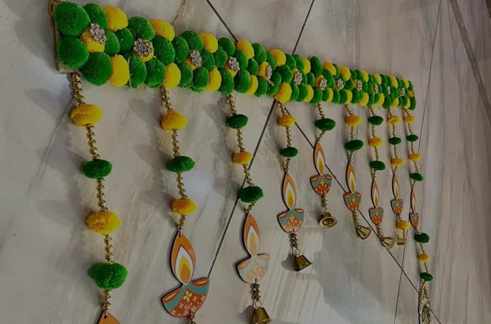 Pom-Pom with Diya Bell Bandhanwar for Decoration | Festival Decoration | Office, Wedding Decor Enhance Your Space with Graceful Touches(BDHW254)