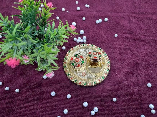 Flower Decorative Traditional Pooja Plater, Sindoor Dibbi for Rakhi Rakshabandhan, Tilak with Kumkum,Haldi Holder Decorative Plater (1)