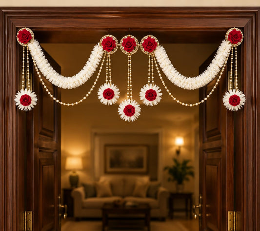 Sellplus Handmade Marigold Rose Pearl Bandhanwar Toran Decorative Door Hanging Festive Floral Entrance Decoration for Diwali Wedding Pooja Home Mandir Decor (BDHW157-2)