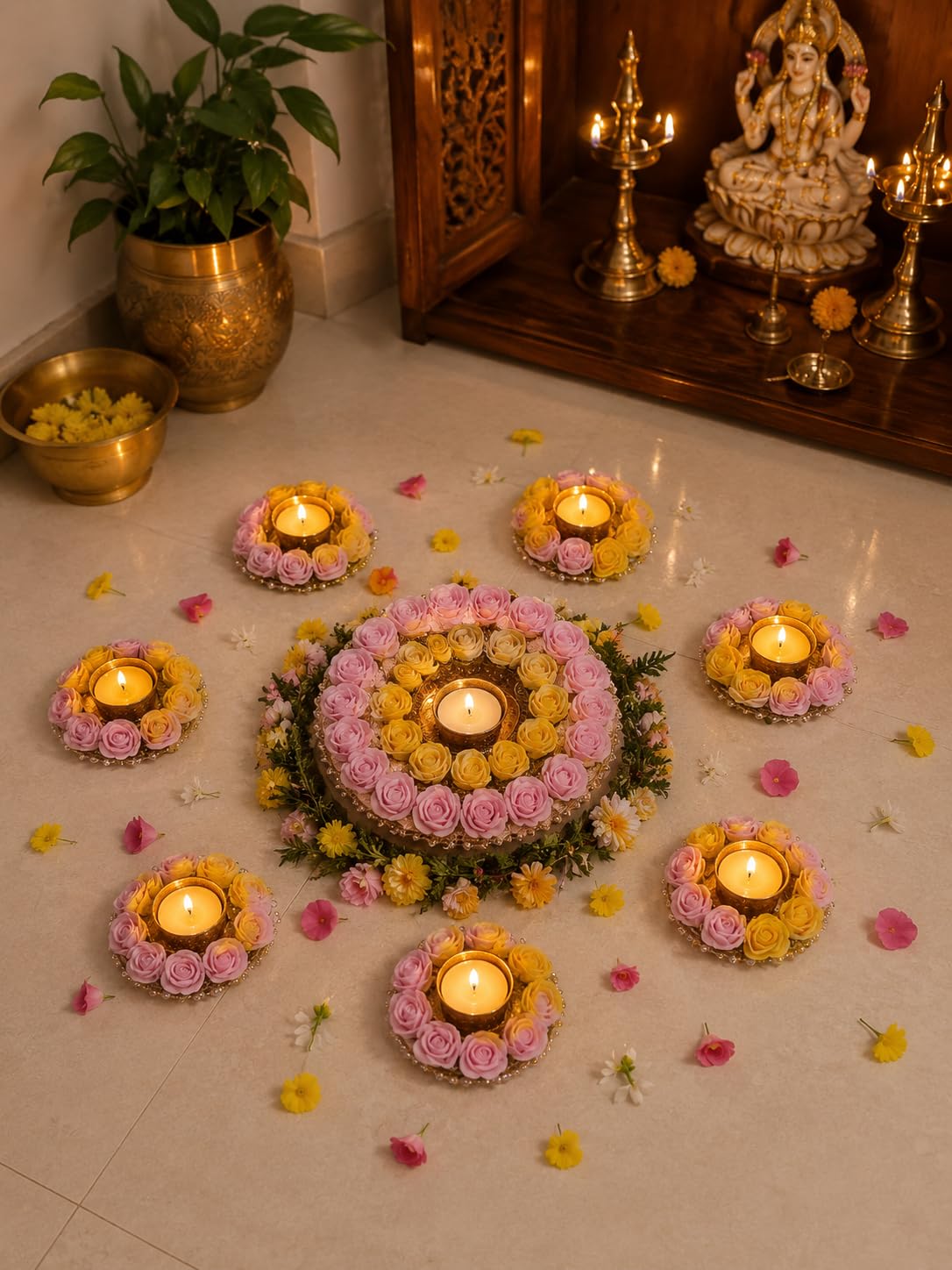 Sellplus Handmade Decorative Rangoli TeaLight Candle Holder Set for Diwali Home Decoration Festive Floor Decor (Set of 1) (Rangoli1) (Rang6)
