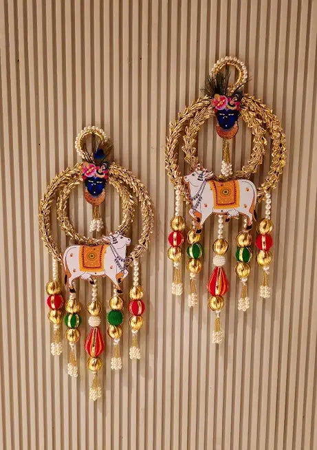 Nutts Handmade Cow Wall Hanging | Golden Leaf Ring Beads & Colorful Tassels | Decorative for Home Temple Entrance Festive Decoration Pack of 2 (SMALL44)