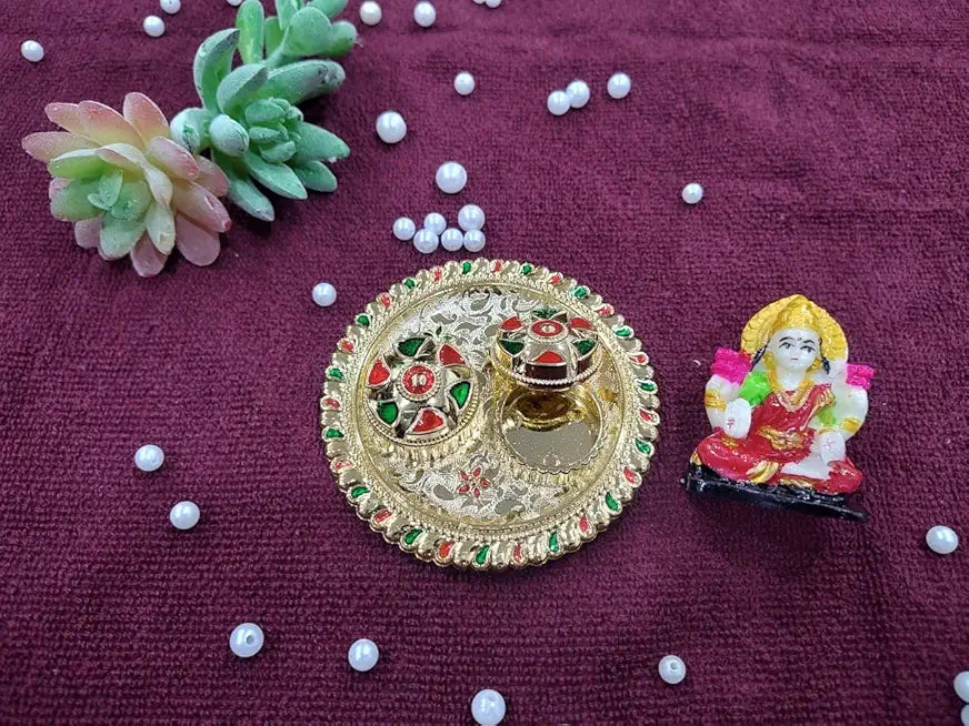 (Combo Of 1 Pc Tilak Plater & Laxmi Ji) Traditional Pooja Thali, Diwali Decoration Sindoor Dibbi For Rakhi Rakshabandhan, Tilak With Kumkum,Haldi Holder Uniqe Decorative Plater