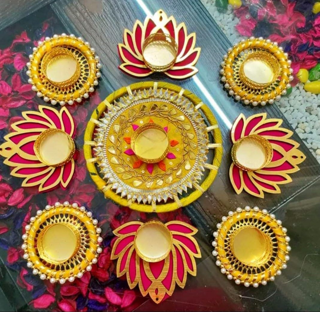 Sellplus Decorative Rangoli Set with Tealight Holder | Diwali Gift Diya | Decoration for Home | Office | Pooja | Diwali & All Special Festival Decor (Rang50-1)