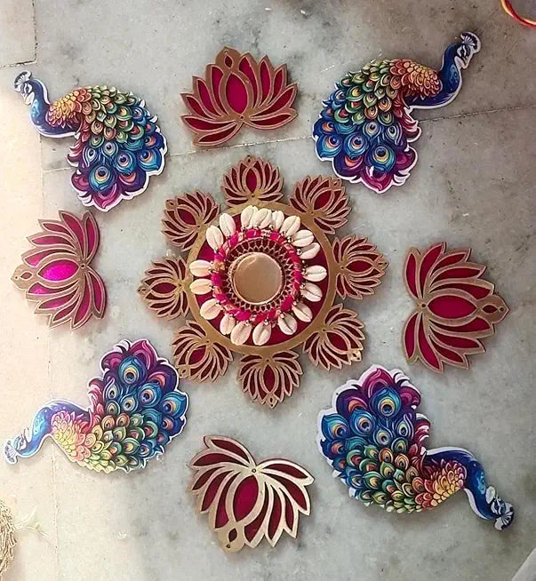 Decorative Handmade Multicolour MDF Peacock Lotus Rangoli Tlight | Rangoli Tlight for Decoration | Diwali Diya Set | (Design 23)