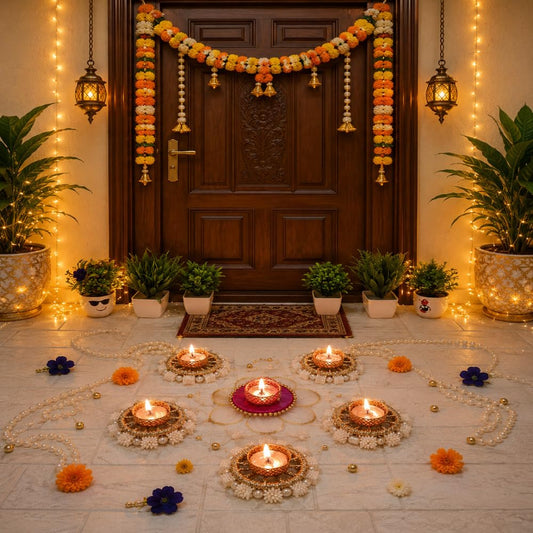NUTTS  Decorative Pearl Beaded Rangoli with Golden Border and Pink Yellow Fabric Base for Diwali Pooja Home Entrance Wedding Festival Decoration Candle Holder Set (Rang167)