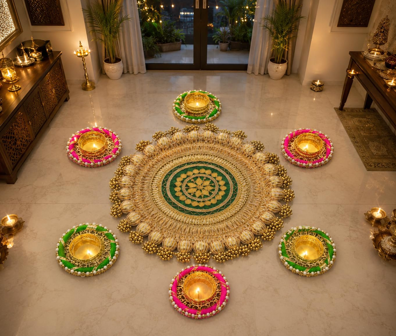 Sellplus Decorative Floral Rangoli Tealight Holder Traditional Festival Floor Decor for Diwali Pooja Home Entrance Living Room Decoration Reusable Design (Rang137)