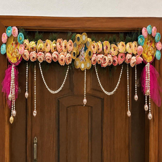 Sellplus Traditional Handmade Divine Artificial Flower Bandhanwar | Decoartive MDF Radha Krishna Floral Bandhanwar for Main Door Entrance and Welcoming Area (Pack of 1) (BDHW29)