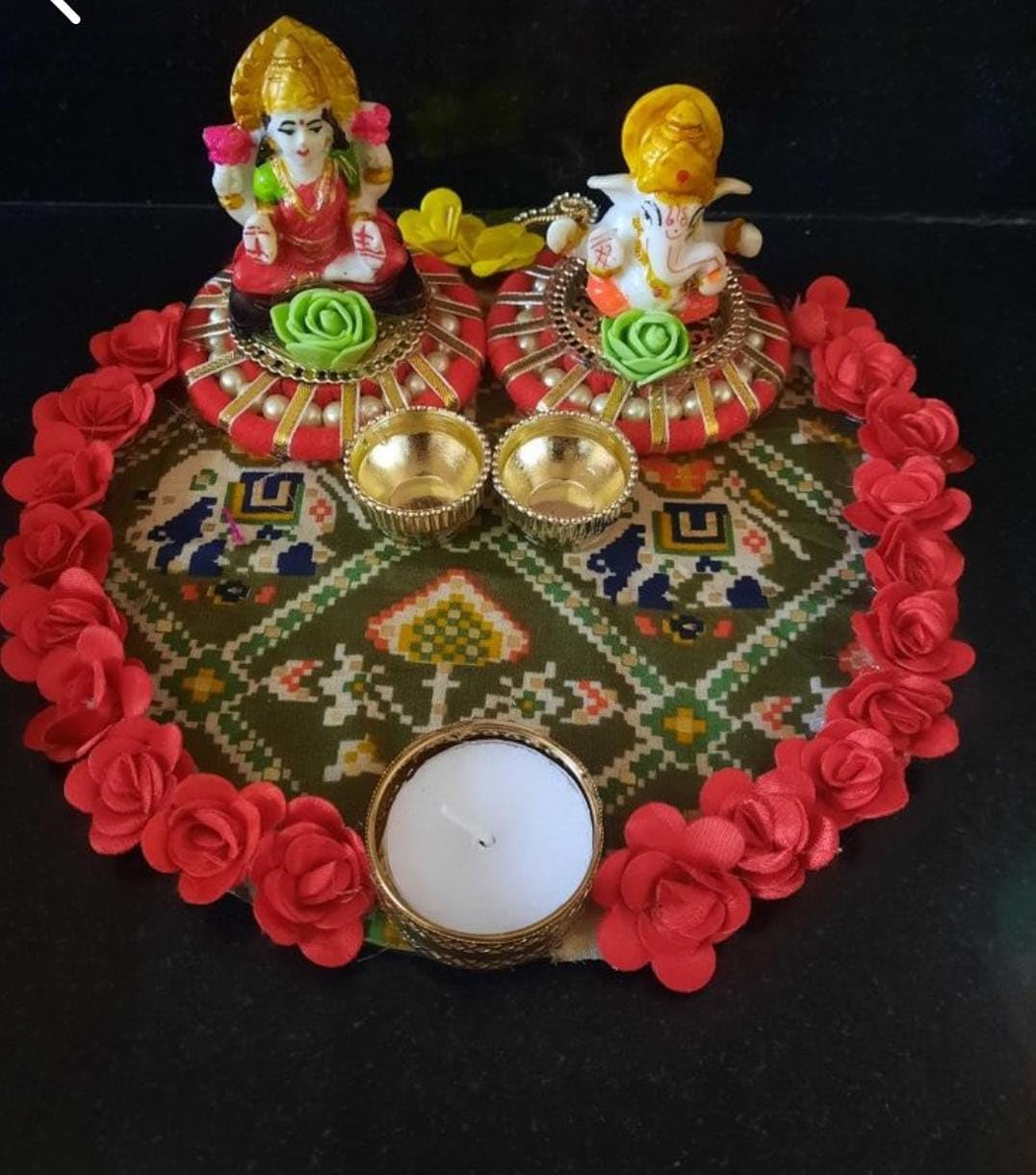 Sellplus Handcrafted Lakshmi Ganesha Pooja Thali with Tealight Holder Decorative Festival Plate for Diwali Home Temple Spiritual Decoration Gift (Tealight-234)