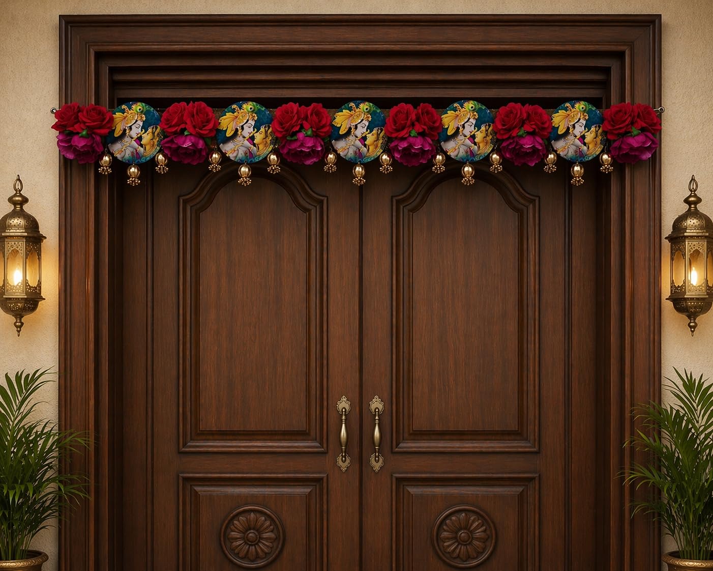 Sellplus Traditional Handmade Divine Artificial Flower Bandhanwar | Decoartive MDF Radha Krishna Florel Beads Bandhanwar for Main Door Entrance and Welcoming Area (Pack of 1) (BDHW423)