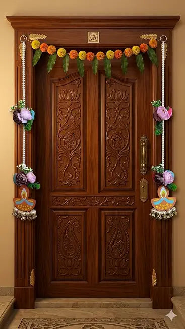 Nutts Handmade MDF Diya Hanging Door Decoration with Artificial Peony Flower and Bead Latkan for Hanging Decoration Pack of 2 | SMALL27