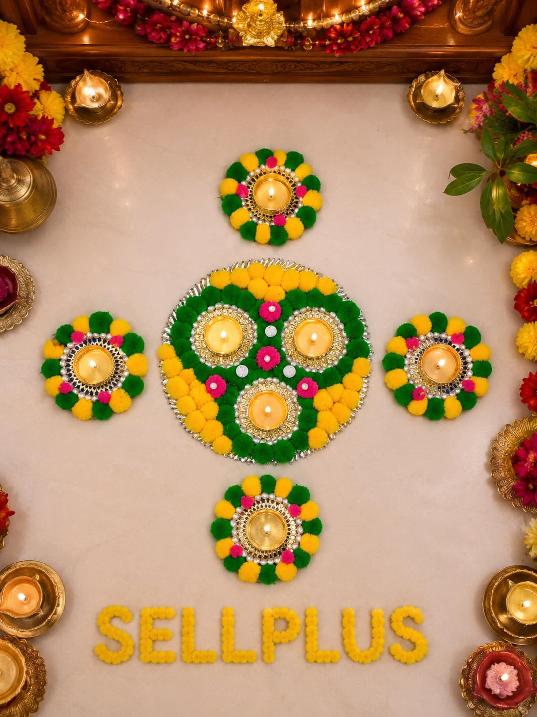 Sellplus Elegant Handmade Floral Rangoli Tealight Holder Festival Decoration MDF Floor Decor for Diwali Navratri Pooja Home Entrance Traditional Art Craft (Rang116)