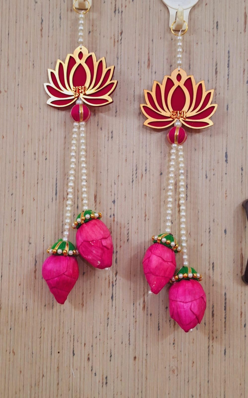 Nutts Traditional Shubh Labh MDF Lotus Beads Hanging | Perfect for Home Decor Wall Hanging | Perfect for Main Door Decor with Diwali Festival Hanging (Lotus 126) (Pack of 6)