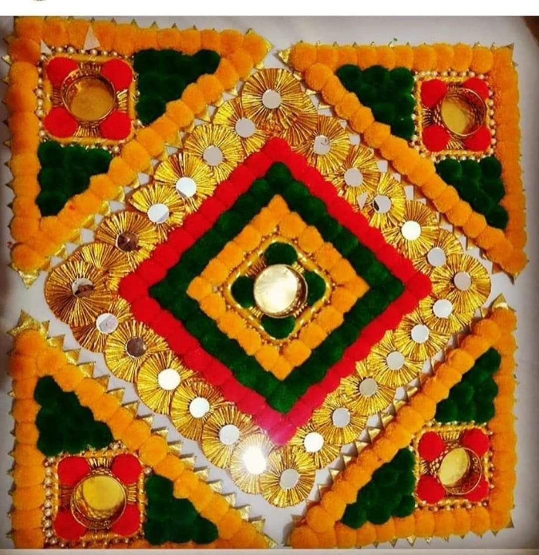 Decorative Rangoli Set with Tealight Holder | Diwali Gift Diya | Decoration for Home | Office | Pooja | Diwali & All Special Festival Decor | Multi Pom Pom Gota Chakri Mat Rangoli Tealight (Rang199)