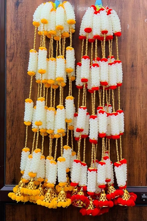 Mogra Toran Wall Hanging, Traditional Flower Garland, Red White Orange, Festival Decor Pack of 6 (MOGRA [ 22])(MOGRAH11)