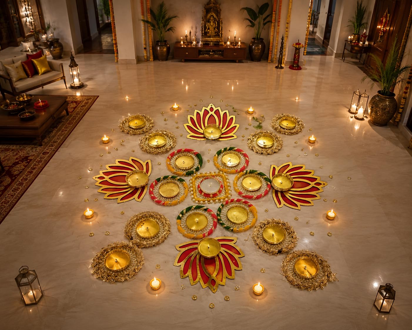 Sellplus Elegant Handmade Floral Rangoli Tealight Holder Festival Decoration MDF Floor Decor for Diwali Navratri Pooja Home Entrance Traditional Art Craft (Rang118)