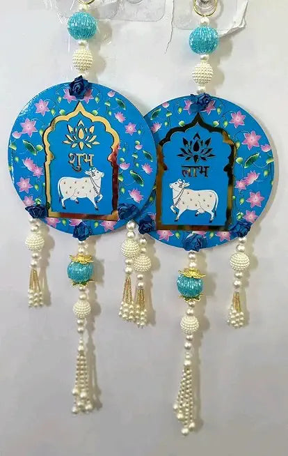 Nutts Handmade Shubh Labh Cow Themed Wall Hanging Door Decor Pair with Beads Latkan and MDF Design Hanging Pack of 2 (SMALL116-3)