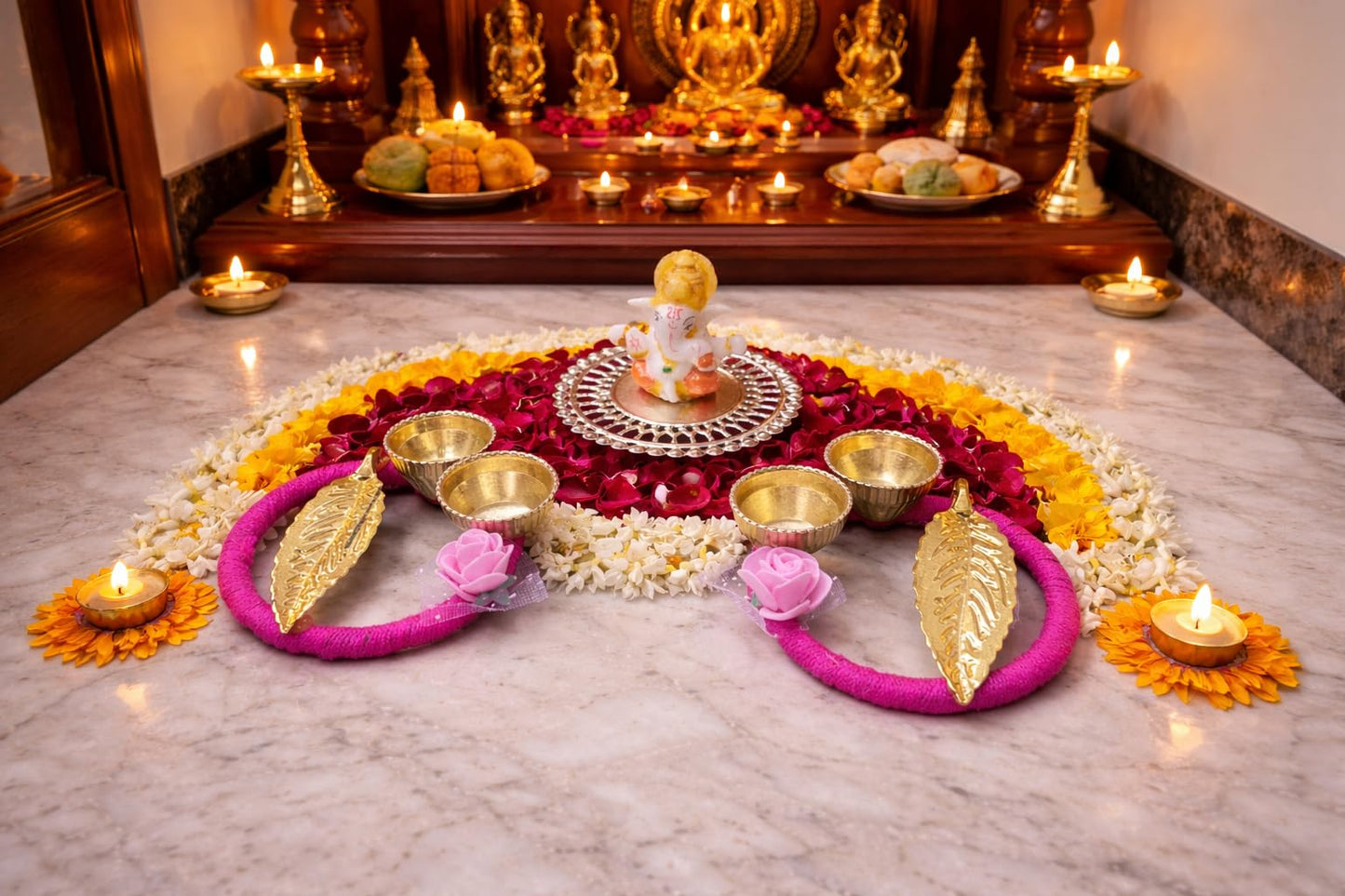 Sellplus Decorative Candle Holder Handcrafted Decorative Pooja Diya Holder Ring with Golden Leaf Design Pink Floral Accent Brass Diyas for Festival Home Temple Decor(Tealight-42)