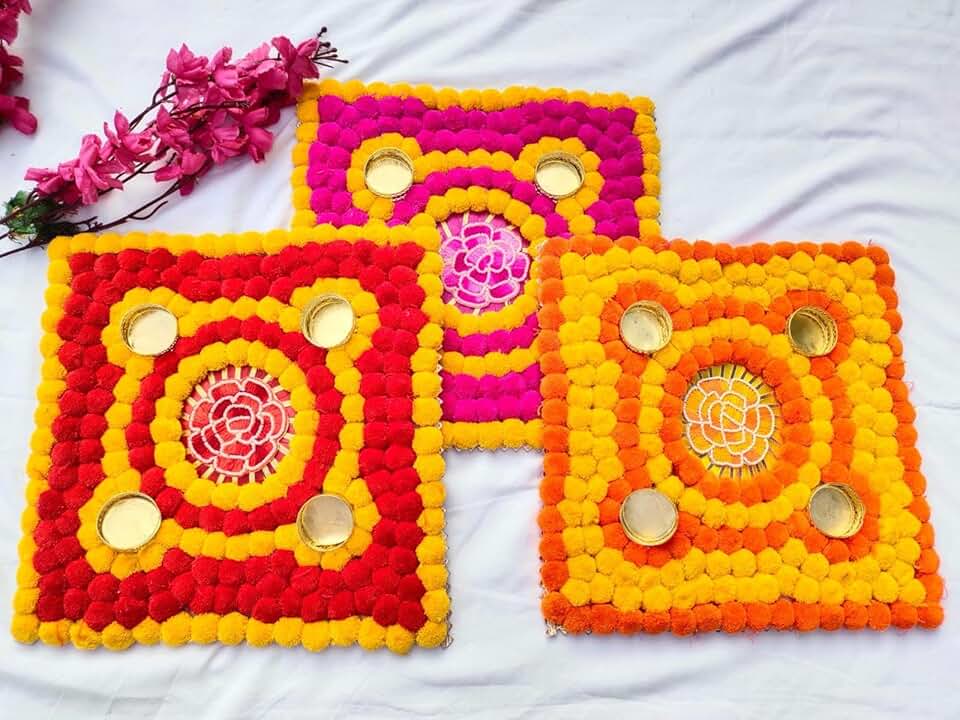 mat with Gota Flower Tealight Floor Rangoli Pompom mats for Multipurpose for Diwali Decoration,Pooja,Wedding Decoration