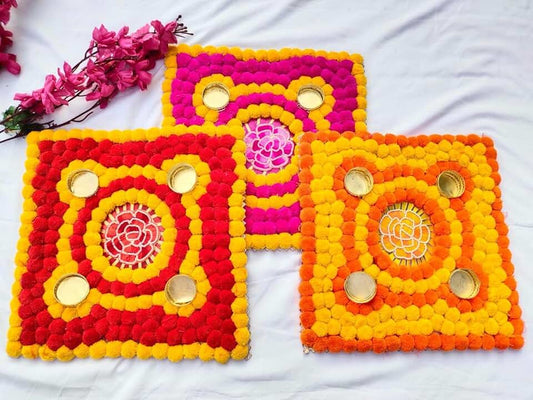 mat with Gota Flower Tealight Floor Rangoli Pompom mats for Multipurpose for Diwali Decoration,Pooja,Wedding Decoration