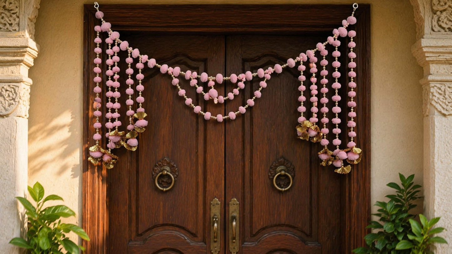 Sellplus Decorative Handcrafted Pom-Pom Beads Bandhanwar | Traditional Jaal Chudi Bell Pom-Pom Multicolour Bandhanwar for Main Door Decoration (Pack of 1) (BDHW433-2 (Light Pink))