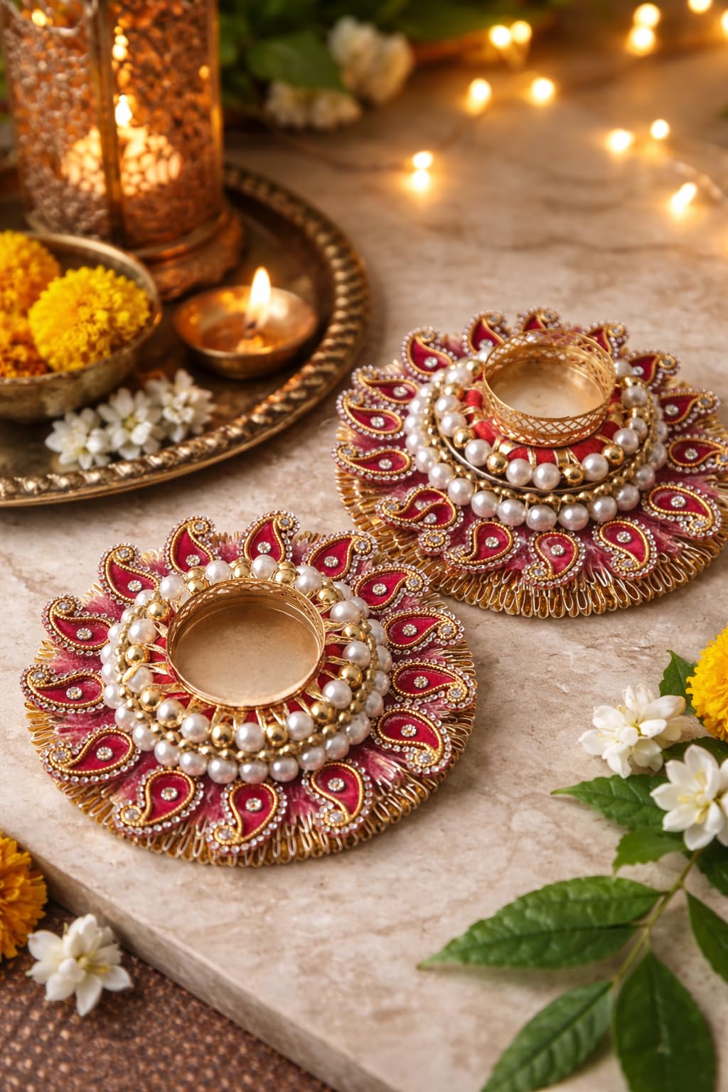 Sellplus Handcrafted Pearl Lace Tealight Candle Holder Decorative Diya Rangoli for Diwali Festival Pooja Home Entrance Floor Decoration(Pack of 2) (Tealight-50)