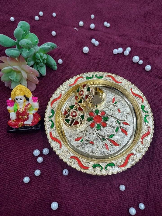 Combo of 1 Rakhi for Brother with Flower design Haldi kumkum Chandhan Holder Plate Gifts Combo With Small Lord Set,Brother Rakhi Set (Laxmi Ji)