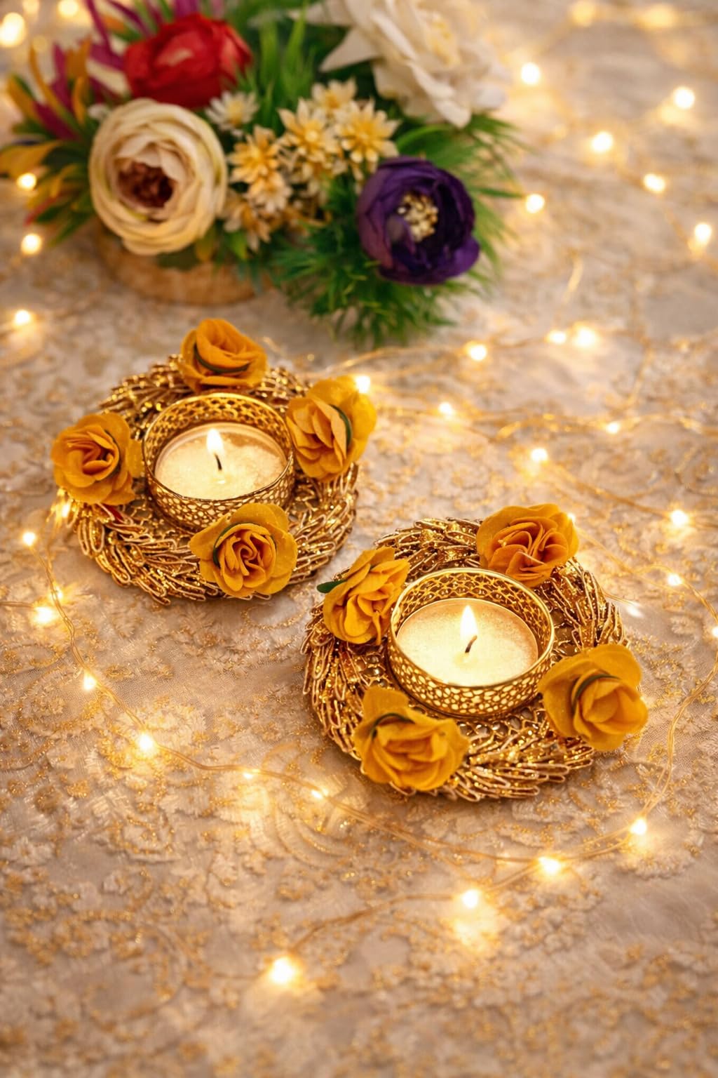 Sellplus Elegant Golden Metal Tealight Candle Holder Set with Artificial Yellow Floral Decoration Round Decorative Diya Holder for Home Decor Festival Pooja Table Centerpiece Pack of 2(Tealight-24)