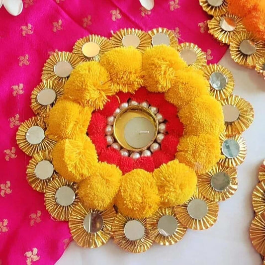 Pom-pom Tea Light Holder Perfect for Pooja Festival | Ideal for Diwali Festivities | Decorate for Home (Design 4)