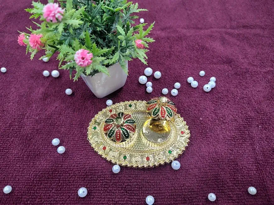 Oval Shape Decorative Traditional Pooja Plater, Sindoor Dibbi for Rakhi Rakshabandhan, Tilak with Kumkum,Haldi Holder Decorative Plater (2)