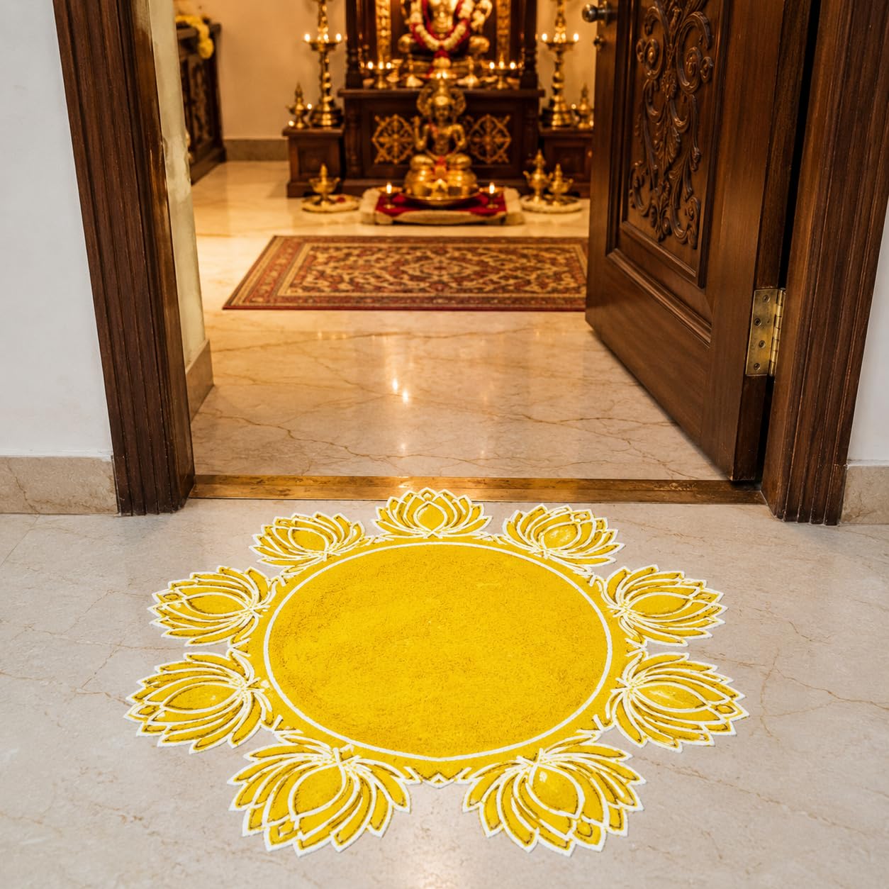 SellplusTraditional Lotus Wooden Rangoli Base Decorative Festival Floor Decor for Diwali Pooja Wedding Home Entrance Tealight Display Reusable Design Elegant (Rang12-2)