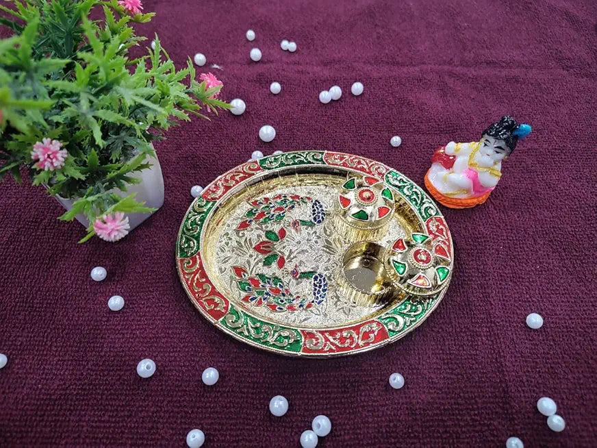 (Combo of 1 Pc Peacock Tilak Plater & Kanha Ji) Pooja Thali, Diwali Decoration Sindoor Dibbi for Rakhi Rakshabandhan, Tilak with Kumkum,Haldi Holder Uniqe Decorative Plater