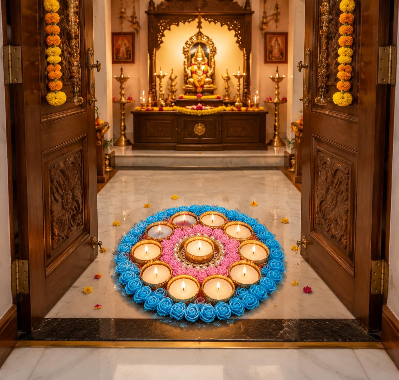 Sellplus Decorative Floral Rangoli Tealight Holder Traditional Festival Floor Decor for Diwali Pooja Home Entrance Living Room Decoration Reusable Design (Rang140)
