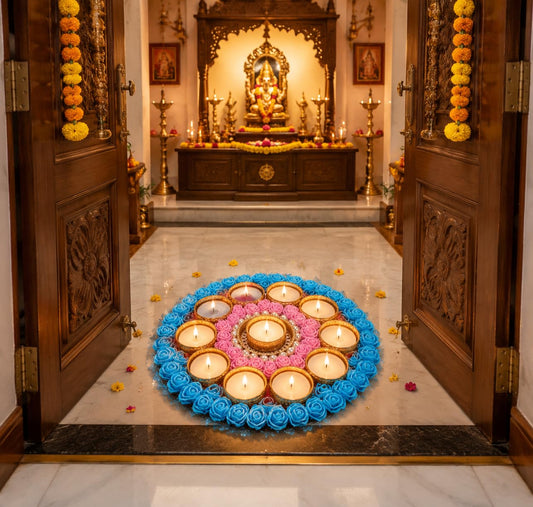 NUTTS  Decorative Floral Rangoli Tealight Holder Traditional Festival Floor Decor for Diwali Pooja Home Entrance Living Room Decoration Reusable Design (Rang140)
