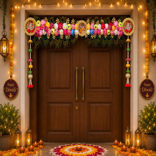 Sellplus Peacock Feather Floral Ganesh Radha Krishna Door Bandhanwar Hanging with Multicolor Roses and Beaded Latkan for Festive Entrance Decor (BDHW537)