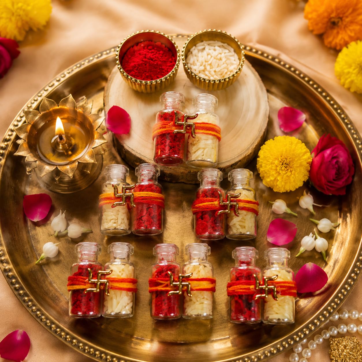 Sellplus Traditional Handmade Roli Chawal Pooja Thali Festival Tilak Ceremony Mandir Decor Wedding Diwali Navratri Decorative (RC16)