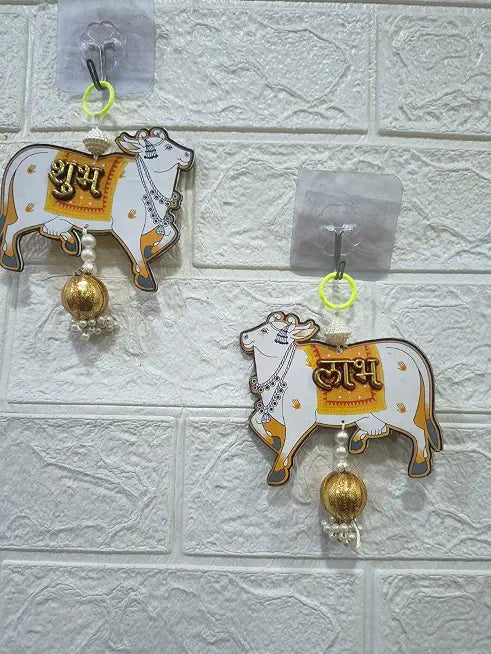 Handmade MDF Cow Pichwai Shubh Labh Hanging | Side Door & Wall Hanging with Latkan | Traditional Indian Decor | Goodluck & Prosperity Hanging for Entrance (1 Pair)