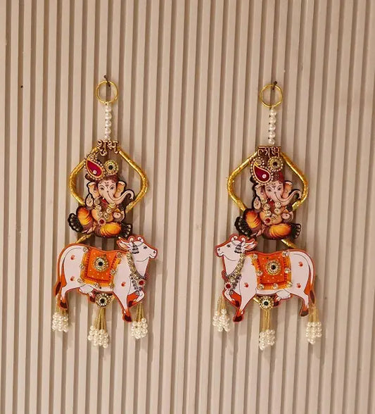 Nutts Decorative Shubh Labh Ganesh Ji with Cow Latkan Hanging Perfect for Home Decor | Handmade Toran Door Hanging | Hanging for Main Door | Pooja Decor & All Festival Decor (Design 9) (1 Pair)