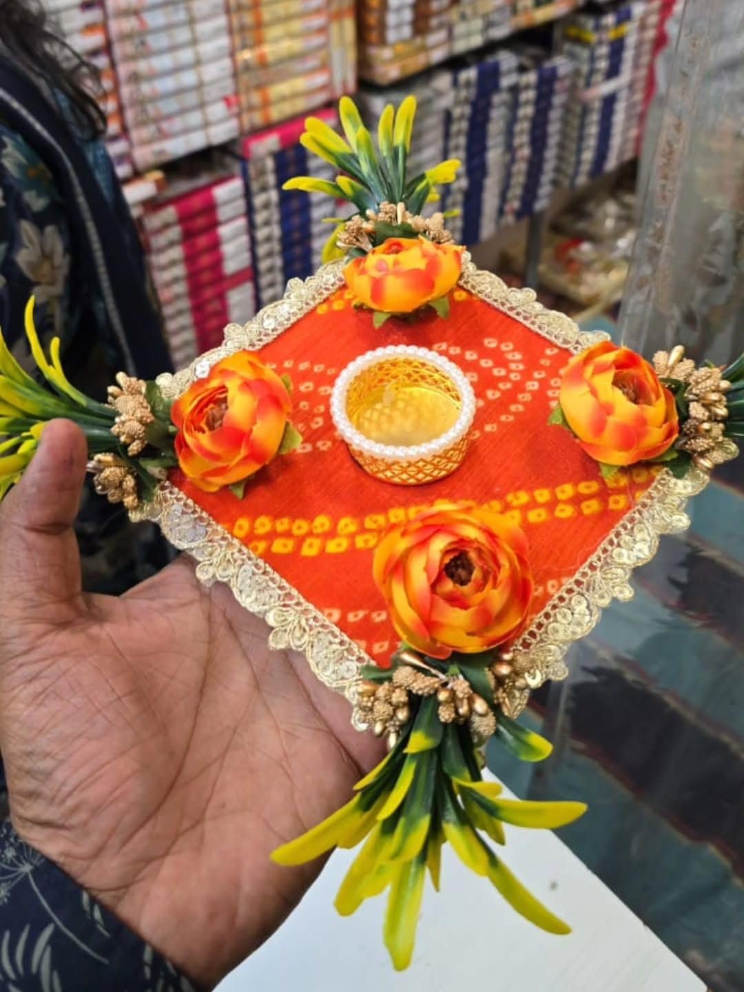 Sellplus Handmade Fabric & Bead Decorative Tealight Holder for Festival Puja Rangoli Decoration (Tealight-278)