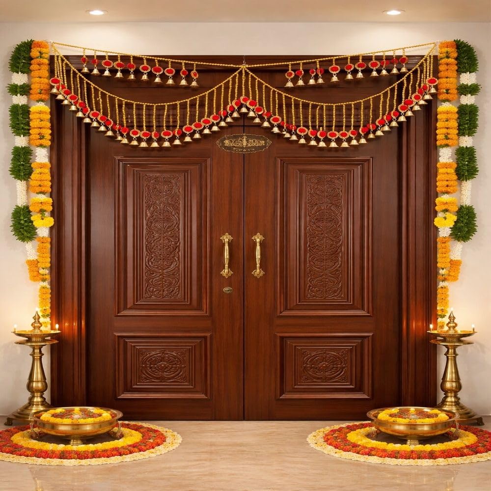 Sellplus Handmade Traditional Pom Pom Bell Bandhanwar with Golden Beads Decorative Main Door Toran for Pooja Room and Festive Decoration Pack of 1 | Pack of 1 (BDHW91)